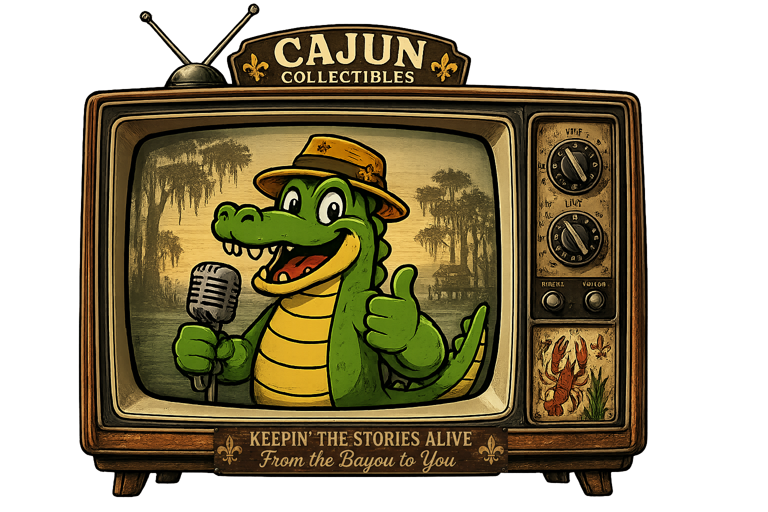 Gumbeaux the Gator hosting on a Vintage Television Set